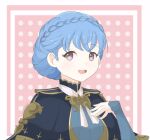  1girl blue_hair brown_eyes chocomiru fire_emblem fire_emblem:_three_houses hand_on_own_chest marianne_von_edmund open_mouth short_hair smile solo 