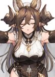  1girl animal_ears bangs bare_shoulders black_dress black_legwear blush breasts brown_hair closed_eyes detached_sleeves dress extra_ears galleon_(granblue_fantasy) granblue_fantasy highres horns koretsuki_azuma large_breasts long_hair long_sleeves open_mouth pointy_ears revision solo thighhighs very_long_hair 