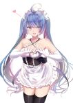  1girl alternate_costume apron azur_lane bare_shoulders black_corset black_legwear breasts cleavage corset cowboy_shot elbow_gloves enmaided eyebrows_visible_through_hair gloves halterneck heart heart-shaped_boob_challenge helena_(azur_lane) highres long_hair looking_at_viewer maid maid_headdress medium_breasts multicolored_hair purple_eyes purple_hair schreibe_shura simple_background sleeveless solo thighhighs twintails two-tone_hair very_long_hair white_apron white_background 