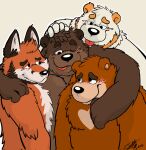  2021 anthro belly black_nose blush brown_body brown_fur canid canine embrace felid fur group hi_res hug jakegr male male/male mammal moobs overweight overweight_male simple_background tongue tongue_out ursid white_body white_fur 