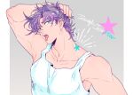  1boy :p battle_tendency birthmark blue_eyes character_name hand_on_own_head joestar_birthmark jojo_no_kimyou_na_bouken joseph_joestar joseph_joestar_(young) koeri large_pectorals male_focus pectorals purple_hair shirt solo tail tongue tongue_out white_shirt 