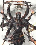  1other dark_souls_(series) embers extra_arms facing_viewer fire helmet highres holding holding_sword holding_weapon multiple_wielding scimitar shimhaq solo soul_of_cinder sword weapon 