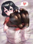  1girl absurdres artist_name black_eyes black_gloves black_hair black_legwear blush cargo_shorts closed_mouth eyebrows_visible_through_hair feet feet_up gloves heart highres kaban_(kemono_friends) kemono_friends looking_at_viewer lying neukkom on_back pantyhose red_shirt shiny shiny_clothes shiny_legwear shirt short_hair shorts solo speech_bubble spoken_heart steam steaming_body sweat twitter_username wavy_hair wavy_mouth white_shorts 