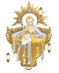  absurdres breasts dress earrings eclipsesaga grey_eyes highres jewelry large_breasts long_hair looking_at_viewer necklace side_slit sitting solo tearmumu throne white_hair white_legwear yellow_dress 
