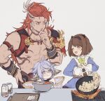  ! 1boy 2girls :t ahoge animal_ears bangs blush bowl brown_hair chin_stroking closed_eyes cooking cutting_board fire flame frying_pan granblue_fantasy grey_background hairband hand_on_hip highres holeun jar long_hair multiple_girls open_mouth red_hair short_hair smile stove vambraces wamdus_(granblue_fantasy) wilnas_(granblue_fantasy) yaia_(granblue_fantasy) 