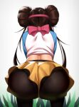  1girl ass ass_focus back bow brown_hair double_bun feet_out_of_frame grass grey_background highres kevbot pantyhose pokemon pokemon_(game) pokemon_bw2 rosa_(pokemon) shirt simple_background solo squatting twintails 