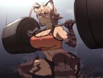  animal_ears breasts brown_hair cat_ears cat_tail cleavage large_breasts orange_sports_bra original short_hair short_shorts shorts sports_bra squatting sweat tail weightlifting yagatake_arashi yana_(nekoarashi) 