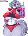  2021 animatronic anthro big_breasts breasts canid canine canis clothed clothing female five_nights_at_freddy&#039;s five_nights_at_freddy&#039;s:_security_breach fur girlsay green_hair grey_body grey_fur grey_hair hair hi_res looking_at_viewer machine mammal multicolored_hair narrowed_eyes robot roxanne_wolf_(fnaf) scottgames simple_background solo teeth video_games white_background wolf yellow_eyes 