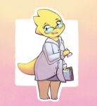  alphys anthro barefoot clipboard clothing coat eyewear feet female flask glasses gollysockz hi_res holding_clipboard holding_flask holding_object lab_coat lizard open_mouth reptile scales scalie shirt simple_background solo standing thick_tail topwear undertale undertale_(series) video_games yellow_body yellow_scales 
