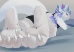  4_toes anthro blue_eyes butt claws clothing dragon feet female foot_fetish foot_focus group hi_res kerneldecoy looking_back lying micro multi_ear on_front paws rear_view scales scalie smile soles toe_claws toes white_body white_scales 