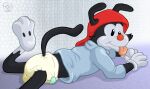  3_toes 4_fingers animaniacs anthro bodily_fluids clothing diaper feet fingers genital_fluids hat headgear headwear male padfoot_squarepants red_nose shirt solo toes tongue tongue_out topwear urine wakko_warner warner_brothers wet_diaper wetting 