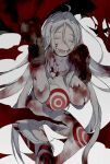  1girl ahoge albino blood bodysuit breasts collar colored_eyelashes deadman_wonderland gloves highres large_breasts long_hair mittens momomosae open_mouth shiro_(deadman_wonderland) skin_tight smile very_long_hair white_background white_hair 