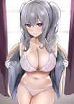  1girl absurdres bangs blush bra breasts cleavage commentary_request curtains enishi96 eyebrows_visible_through_hair gloves hair_between_eyes highres jacket kantai_collection kashima_(kancolle) large_breasts long_hair looking_at_viewer open_clothes open_jacket panties parted_lips sidelocks solo twintails underwear white_bra white_gloves white_panties window 