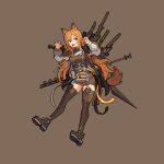  1girl :d animal_ears arknights belt boots breasts brown_background brown_dress brown_footwear brown_hair ceobe_(arknights) claw_pose cross-laced_footwear dog_ears dog_girl dog_tail dress full_body lace-up_boots large_breasts long_hair long_sleeves lowres mizorehi open_mouth pixel_art red_eyes simple_background smile solo tail thigh_boots thighhighs very_long_hair weapon weapon_on_back zettai_ryouiki 
