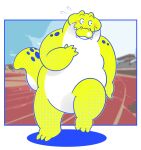  2021 4_fingers absurd_res anthro belly biped blush crocodile crocodilian crocodylid fingers green_body hi_res kemono m2vcjtad5hsdvla overweight reptile running scalie solo sport white_body 