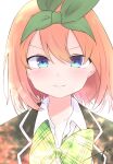  1girl bangs black_jacket blazer blue_eyes bow closed_mouth collared_shirt commentary_request dress_shirt eyebrows_behind_hair go-toubun_no_hanayome green_bow green_ribbon hair_between_eyes hair_ribbon highres jacket kujou_karasuma looking_at_viewer nakano_yotsuba open_clothes open_jacket orange_hair ribbon shirt signature simple_background solo upper_body v-shaped_eyebrows white_background white_shirt 