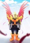  2boys absurdres angry back-to-back beard blue_eyes blue_sky bodysuit boku_no_hero_academia boots burn_scar clenched_hands cloud costume endeavor_(boku_no_hero_academia) facial_hair facing_viewer feathered_wings fire frown gimjaban_24 hawks_(boku_no_hero_academia) highres light_rays male_focus mature_male multiple_boys muscular muscular_male red_feathers red_hair scar scar_on_cheek scar_on_face short_hair skin_tight sky solo_focus special_moves spiked_hair standing sunbeam sunlight very_short_hair wings 