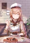  1girl bangs blonde_hair blush braid braided_ponytail breasts brown_dress cafe cake chocolate closed_eyes closed_mouth cup dress eyebrows_visible_through_hair fnc_(girls&#039;_frontline) food girls&#039;_frontline hair_ornament hairclip highres holding holding_cake holding_food holding_plate holding_spoon long_hair plate ransei48 sitting smile solo spoon table teacup wall white_headwear 