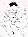  2boys age_difference boku_no_hero_academia burn_scar closed_eyes endeavor_(boku_no_hero_academia) feathered_wings feathers greyscale grin happy hawks_(boku_no_hero_academia) head_rest highres hug hug_from_behind kana0wa knees_up laughing male_focus monochrome multiple_boys on_lap open_mouth pants scar scar_across_eye scar_on_cheek scar_on_face shirt short_hair short_sleeves simple_background sitting sitting_on_person size_difference smile very_short_hair wings 