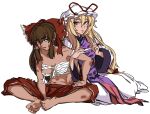  2girls bandaged_arm bandages bangs barefoot blonde_hair blood bow breasts brown_eyes brown_hair commentary dress english_commentary eyebrows_visible_through_hair full_body grunt_(tnurg) hair_between_eyes hair_bow hair_tubes hakurei_reimu hat hat_ribbon highres long_hair long_sleeves looking_at_another medium_breasts mob_cap multiple_girls open_mouth purple_eyes purple_tabard red_bow red_ribbon red_skirt ribbon sarashi scratches sidelocks signature simple_background skirt sleeve_ribbon tabard tan torn_bow torn_clothes torn_sarashi torn_skirt touhou white_background white_dress white_headwear wide_sleeves yakumo_yukari 