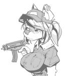  2021 3:4 anthro awr_hey breasts canid canine clothed clothing digital_drawing_(artwork) digital_media_(artwork) ear_piercing female fingers fur greyscale gun half-length_portrait hi_res holding_object holding_weapon mammal monochrome piercing portrait ranged_weapon signature solo submachine_gun weapon white_back 