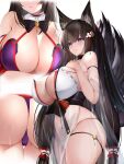  1girl absurdres amagi_(azur_lane) amagi_(wending_waters_serene_lotus)_(azur_lane) ass azur_lane bare_shoulders black_hair blush bow bowtie breasts cleavage closed_mouth covered_navel cowboy_shot detached_collar detached_sleeves fox_tail g3_(g310b3) hand_on_own_chest highres large_breasts long_hair long_sleeves multiple_tails multiple_views panties purple_eyes smile tail thighs underwear white_background 