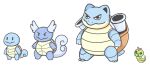 blastoise caterpie evolutionary_line fangs fangs_out head_tilt highres no_humans pokemon selen_tatsuki_(artist) shell shoulder_cannon squirtle standing tail v-shaped_eyebrows wartortle white_background 