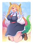  animal_humanoid big_breasts blonde_hair breasts clothed clothing double_v_sign dragon dragon_horn dragon_humanoid dress female footwear gesture hair hi_res horn humanoid kneeling lizard_tail maid_uniform miss_kobayashi&#039;s_dragon_maid one_eye_closed open_mouth pigtails pink_hair raised_tail scales scalie smile socks solo tohru_(dragon_maid) uniform v_sign wink zharxart 
