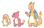  annoyed charizard charmander charmeleon dragon english_commentary evolutionary_line fangs fangs_out fire hand_on_hip no_humans pointing pokemon pout selen_tatsuki_(artist) tail v-shaped_eyebrows white_background wings 