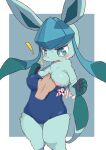  ! 2021 anthro anthrofied blue_body blue_eyes blush breasts canid canine clothing digital_media_(artwork) disembodied_hand eeveelution female fur glaceon hi_res humanoid_hands koorinezumi mammal nintendo nipples pok&eacute;mon pok&eacute;mon_(species) pok&eacute;morph solo swimwear video_games 