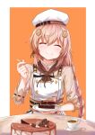  1girl absurdres bangs blonde_hair blush braid braided_ponytail breasts brown_dress cake chocolate closed_eyes closed_mouth cup dress eyebrows_visible_through_hair fnc_(girls&#039;_frontline) food girls&#039;_frontline hair_ornament hairclip highres holding holding_cake holding_food holding_plate holding_spoon long_hair plate ransei48 simple_background sitting smile solo spoon table teacup wall white_headwear 