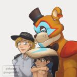  animatronic anthro band-aid bandage blonde_hair blue_clothing blue_eyes blue_shirt blue_topwear bottomwear bow_tie brown_body brown_eyes brown_hair child clothing crossed_arms crouching female five_nights_at_freddy&#039;s five_nights_at_freddy&#039;s:_security_breach glamrock_freddy_(fnaf) green_eyes gregory_(fnaf) grey_bottomwear grey_clothing grey_shirt grey_shorts grey_topwear group hair hat headgear headwear hi_res human inkanistar looking_at_another looking_down machine male mammal meme robot scottgames security_guard shirt shorts simple_background size_difference top_hat topwear ursid vanessa_(fnaf) video_games white_background young 