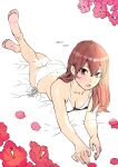 1girl ass barefoot bikini blush breasts brown_hair cleavage flower hair_between_eyes hair_over_shoulder highres long_hair lying on_stomach original parted_lips partially_colored peco_(pockleberry) petals pink_eyes side-tie_bikini solo swimsuit 