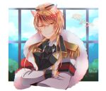  1boy animal_ear_fluff animal_ears armband ascot black_ascot black_wolves_saga blonde_hair brown_eyes bush cape cat_ears closed_mouth cloud crossed_arms epaulettes fur_cape hat mejojo_von_garibaldi military military_uniform necota116 red_armband solo symbol-only_commentary uniform white_cape window 