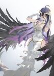  1girl :p absurdres ahoge albedo_(overlord) bangs black_hair black_wings breasts chinese_commentary cleavage colored_inner_hair commentary curled_horns demon_girl demon_horns demon_wings detached_collar dress eyebrows_visible_through_hair finger_to_mouth frilled_dress frills gloves gold_trim grey_background hair_between_eyes hand_in_hair hands_up highres hip_vent horns large_breasts long_hair looking_at_viewer low_wings mochimachi multicolored_hair overlord_(maruyama) purple_hair sidelocks simple_background sleeveless sleeveless_dress slit_pupils smile solo standing tongue tongue_out very_long_hair white_dress white_gloves white_horns wings yellow_eyes 