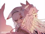  2girls animal_ear_fluff animal_ears artist_name bangs blood blood_from_eyes blood_on_face blue_eyes cat_ears cat_girl closed_eyes commentary_request crying dobrynya_nikitich_(fate) eyebrows_visible_through_hair fang fangs fate/grand_order fate_(series) fox_ears fox_girl fox_tail fur_trim gauntlets hair_between_eyes hug injury koyanskaya_(fate) long_hair meiji_ken multiple_girls open_mouth pink_hair sad silver_hair skin_fang tail tamamo_(fate) teeth very_long_hair white_background younger 