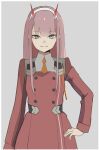  1girl aqua_eyes bangs blunt_bangs buttons cowboy_shot darling_in_the_franxx dress grey_background hairband hand_on_hip highres light_smile long_hair long_sleeves looking_at_viewer mfy_a pink_hair red_dress sidelocks simple_background solo zero_two_(darling_in_the_franxx) 
