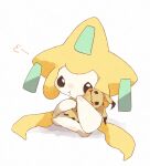  :t full_body hug hug_from_behind jirachi looking_at_viewer mimikyu misonikomiii no_humans pokemon pokemon_(creature) pout simple_background sitting tears white_background 