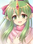  1girl :d bangs eyebrows_visible_through_hair fire_emblem fire_emblem:_mystery_of_the_emblem fire_emblem:_shadow_dragon green_eyes green_hair hair_between_eyes hair_ornament hair_ribbon highres long_hair looking_at_viewer open_mouth pointy_ears ribbon s1a1nokoka smile solo tiki_(fire_emblem) upper_body 