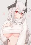  1girl alternate_costume arknights bangs blush breasts closed_mouth ear_piercing eyebrows_visible_through_hair grey_background hair_between_eyes highres horns large_breasts long_hair long_sleeves looking_at_viewer mudrock_(arknights) naked_sweater navel no_bra oripathy_lesion_(arknights) piercing pointy_ears red_eyes risshu sidelocks silver_hair simple_background smile solo sweater turtleneck turtleneck_sweater underboob upper_body very_long_hair white_sweater 