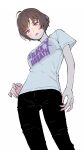  1girl ahoge black_pants blush brown_hair english_text from_below highres logo looking_down original pants parted_lips peco_(pockleberry) purple_eyes shirt short_hair solo t-shirt 