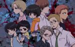  1girl 6+boys backpack bag bakudan_handan black_bag black_hair black_legwear blonde_hair blue_shirt breast_pocket brown_eyes brown_hair collared_shirt eyebrows_visible_through_hair facial_hair glasses green_necktie hood hoodie meoshi_kouta mikami_makoto_(bakudan_handan) mitarashi_ryuusei mixed-language_commentary multiple_boys necktie pink_shirt pocket queeng shidou_subaru shirabe_ayumu shirt shoes shorts silver_hair sneakers thighhighs urabe_kimimaro wakasa_towa white_shirt yellow_shirt younger 