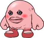  ambiguous_gender black_sclera blue_eyes blush earhole elfdrago feet fist front_view kirby kirby_(series) lips nightmare_fuel nintendo noseless not_furry open_mouth pink_body pink_skin simple_background solo standing stretch_marks thick_lips toes video_games waddling_head 
