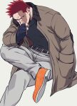  1boy 98_yvo absurdres beard boku_no_hero_academia boots burn_scar casual collared_jacket covering_mouth crossed_legs elbow_on_knee endeavor_(boku_no_hero_academia) facial_hair fingerless_gloves furrowed_brow giant gloves hand_in_pocket hand_over_own_mouth highres leaning_forward male_focus mature_male muscular muscular_male mustache pants red_hair scar scar_across_eye scar_on_cheek scar_on_face scar_on_mouth short_hair sideburns sitting slouching solo spiked_hair thinking turtleneck very_short_hair white_background 