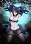  1girl absurdres animal_ear_fluff animal_ears aqua_eyes armpits arms_behind_head arms_up bangs beltbra big_hair black_collar black_hair black_legwear black_shorts bone_necklace bow breasts buttons cerberus_(kemono_friends) cleavage closed_mouth collar cutoffs detached_sleeves dog_ears facial_mark full_body fur glowing glowing_hair groin hair_between_eyes hair_rings highres kemono_friends kneeling large_breasts legs_apart legwear_under_shorts light_smile long_tail looking_at_viewer lowleg lowleg_shorts micro_shorts multicolored_hair navel nelly_(altsarespicy) one_eye_closed open_clothes open_fly open_shorts pantyhose parted_bangs purple_hair shiny shiny_hair shorts solo spiked_collar spikes stomach strapless tail thigh_strap tube_top two-tone_hair two_side_up unbuttoned underboob 