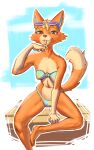  animal_crossing anthro audie_(animal_crossing) beach bikini canid canine clothed clothing dany-j female fox hi_res mammal nintendo seaside simple_background sitting solo swimwear tongue tongue_out video_games 