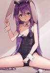  1girl absurdres animal_ears aqua_eyes black_leotard chance_(artist) commentary_request detached_collar fake_animal_ears fake_tail hair_between_eyes highres idolmaster idolmaster_million_live! leotard long_hair mochizuki_anna playboy_bunny purple_hair purple_nails rabbit_ears rabbit_tail simple_background solo spread_legs strapless strapless_leotard tail tears thighs wrist_cuffs 