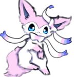  2021 ambiguous_gender blue_eyes blue_sclera digital_media_(artwork) eeveelution feral fluffy fluffy_tail fur fur_markings hi_res mammal markings multicolored_body multicolored_fur nintendo paws pink_body pink_fur pok&eacute;mon pok&eacute;mon_(species) ribbons simple_background smile snoiifoxxo solo sylveon tuft video_games white_background white_body white_fur 