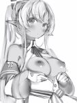  1girl bare_shoulders blush breasts dark-skinned_female dark_skin embarrassed greyscale hakui_koyori high_ponytail highres hololive looking_at_viewer medium_breasts monochrome nanashi_(nlo) nipples no_bra open_clothes open_shirt pointy_ears shiranui_flare solo virtual_youtuber 
