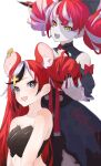  2girls alternate_hairstyle animal_ear_fluff animal_ears azusa_(azunyan12) bare_shoulders black_bow black_dress black_tube_top blue_eyes bow choker colored_skin double_bun dress fang grey_skin hair_bow hair_bun hairdressing hakos_baelz heart heart_choker highres hololive hololive_english hololive_indonesia kureiji_ollie long_hair mouse_ears mouse_girl mousetrap multicolored_eyes multicolored_hair multiple_girls red_bow red_eyes red_hair skin_fang stitched_arm stitched_face stitched_torso stitches strapless sword sword_in_head symbol-shaped_pupils torn_clothes tube_top very_long_hair weapon white_hair yellow_eyes zombie 